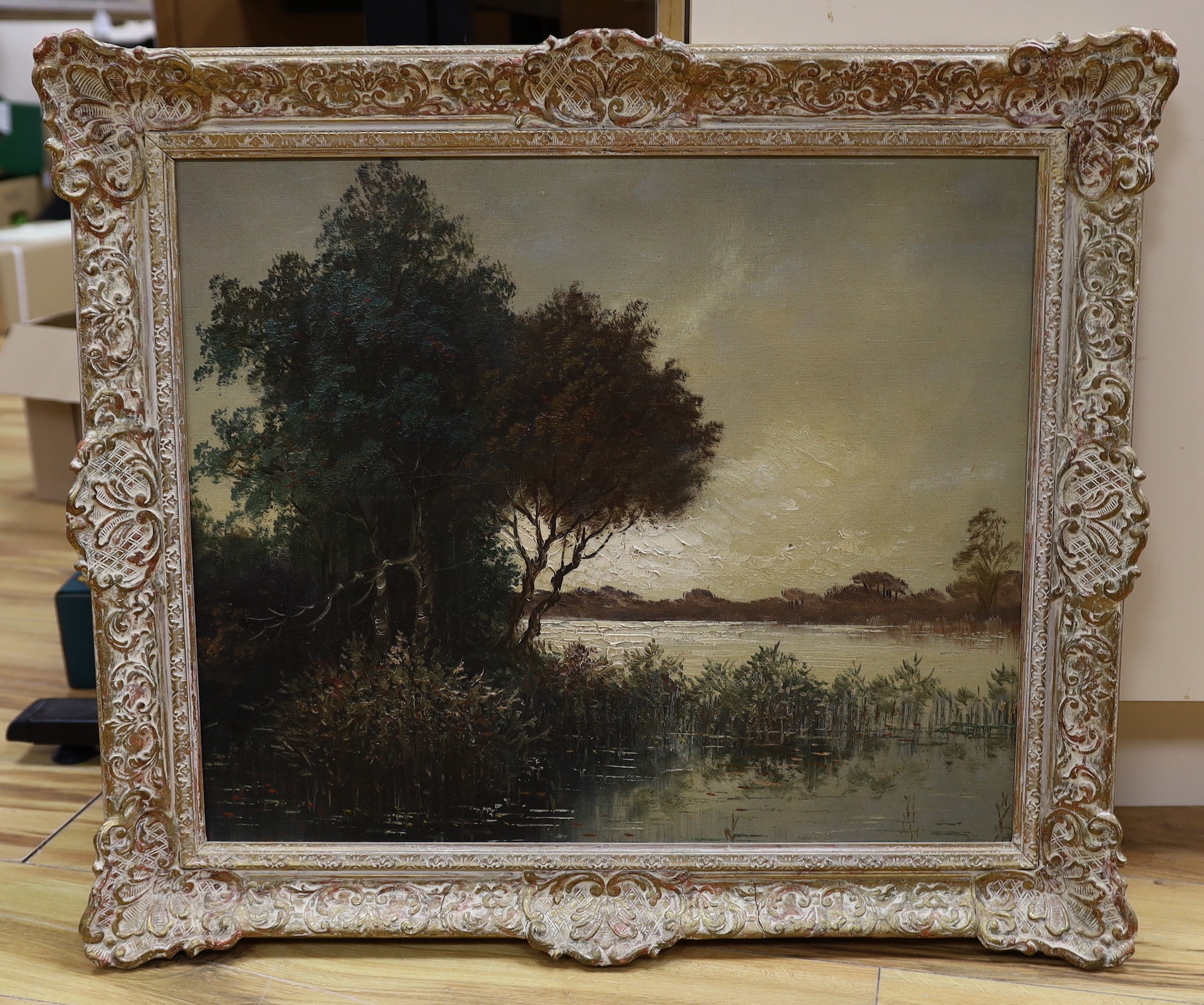 Continental School, oil on canvas, Lakeside trees, 50 x 60cm